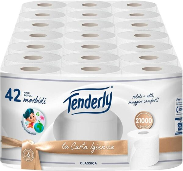 Tenderly Classica, Carta Igienica Morbida, 42 Maxi Rotoli per un totale di 21000 Strappi, Dermatologicamente Testato