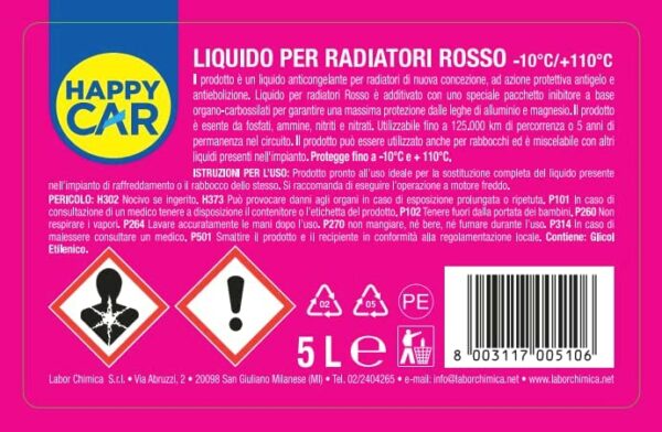 Antigelo Rosso Happycar -10°C +105°C - n.4 taniche da 5L cad (20litri) - immagine 2
