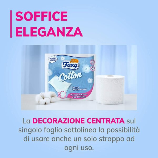 Foxy Cotton, Carta igienica 5 veli, 56 rotoli, 120 strappi per rotolo, con vere fibre di cotone, Confezione 100% riciclabile - immagine 4