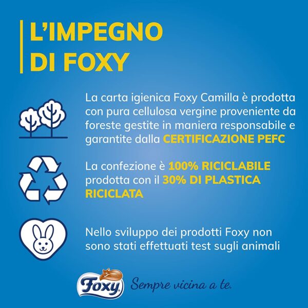 Foxy Camilla, Carta igienica 3 veli profumata alla camomilla, 56 rotoli, 160 strappi per rotolo, Confezione 100% riciclabile - immagine 6