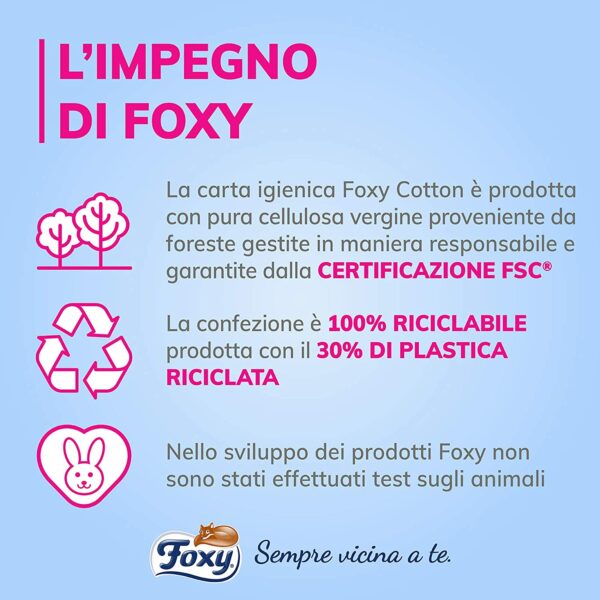 Foxy Cotton, Carta igienica 5 veli, 56 rotoli, 120 strappi per rotolo, con vere fibre di cotone, Confezione 100% riciclabile - immagine 5