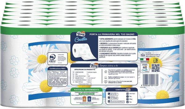 Foxy Camilla, Carta igienica 3 veli profumata alla camomilla, 56 rotoli, 160 strappi per rotolo, Confezione 100% riciclabile - immagine 2