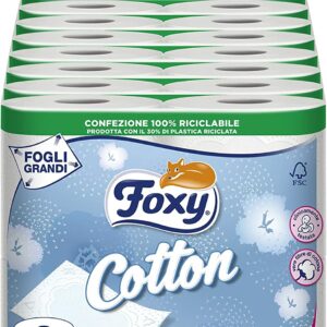Foxy Cotton, Carta igienica 5 veli, 56 rotoli, 120 strappi per rotolo, con vere fibre di cotone, Confezione 100% riciclabile