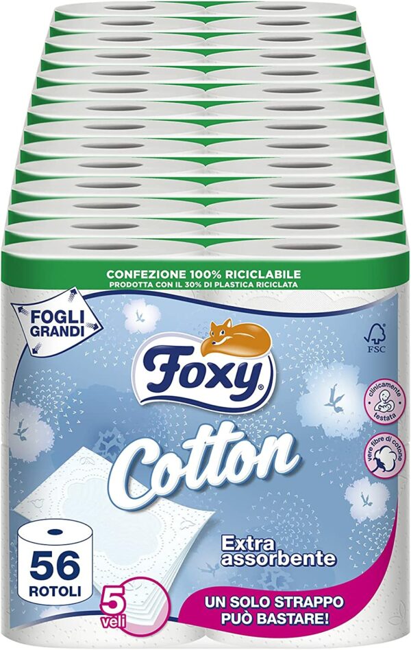 Foxy Cotton, Carta igienica 5 veli, 56 rotoli, 120 strappi per rotolo, con vere fibre di cotone, Confezione 100% riciclabile