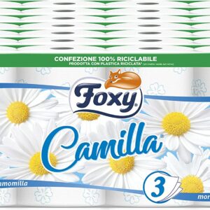 Foxy Camilla, Carta igienica 3 veli profumata alla camomilla, 56 rotoli, 160 strappi per rotolo, Confezione 100% riciclabile