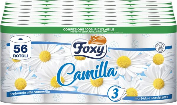 Foxy Camilla, Carta igienica 3 veli profumata alla camomilla, 56 rotoli, 160 strappi per rotolo, Confezione 100% riciclabile