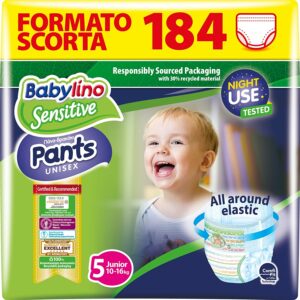 Babylino Sensitive Pannolini Mutandina Taglia 5, Pants Junior (10-16kg), 184 Unità