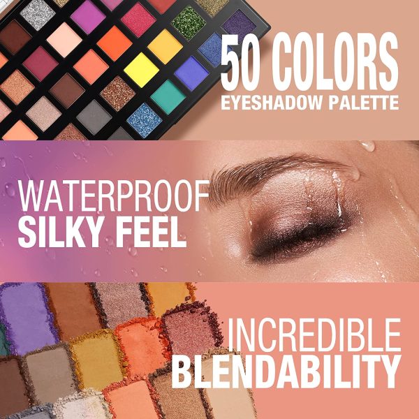 Palette di ombretti 50 colori, glitterati, opachi luccicanti, consistenza vellutata, trucco a lunga durata, metallizzati professionali ad alta pigmentazione - immagine 5