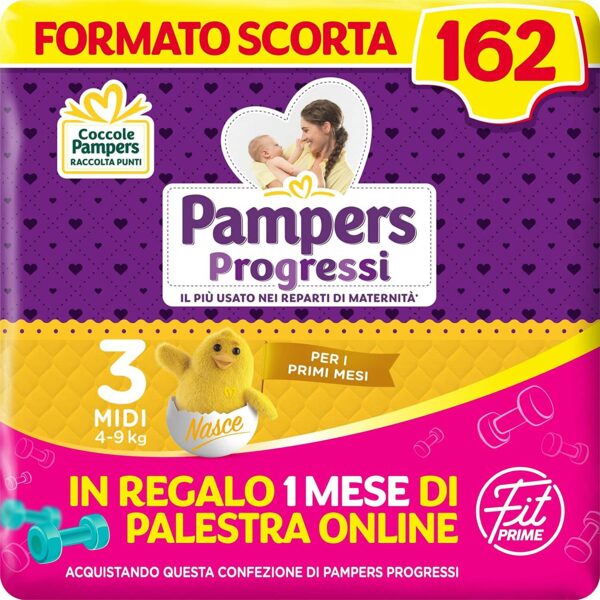 Pampers Progressi & Fit Prime Midi, Formato Scorta, 162 Pannolini, Taglia 3 (4-9 Kg)