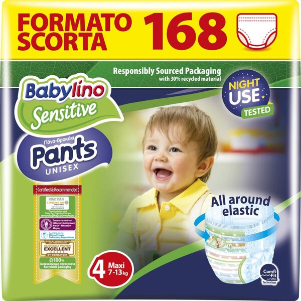 Babylino Sensitive Pannolini Mutandina Taglia 4, Pants Maxi (7-13kg), 168 Unità