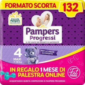 Pampers Progressi & Fit Prime Maxi, Formato Scorta, 132 Pannolini, Taglia 4, 7-18 Kg, 1 mese di palestra online in omaggio