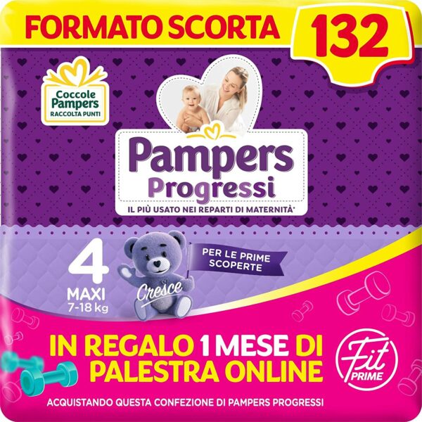 Pampers Progressi & Fit Prime Maxi, Formato Scorta, 132 Pannolini, Taglia 4, 7-18 Kg, 1 mese di palestra online in omaggio