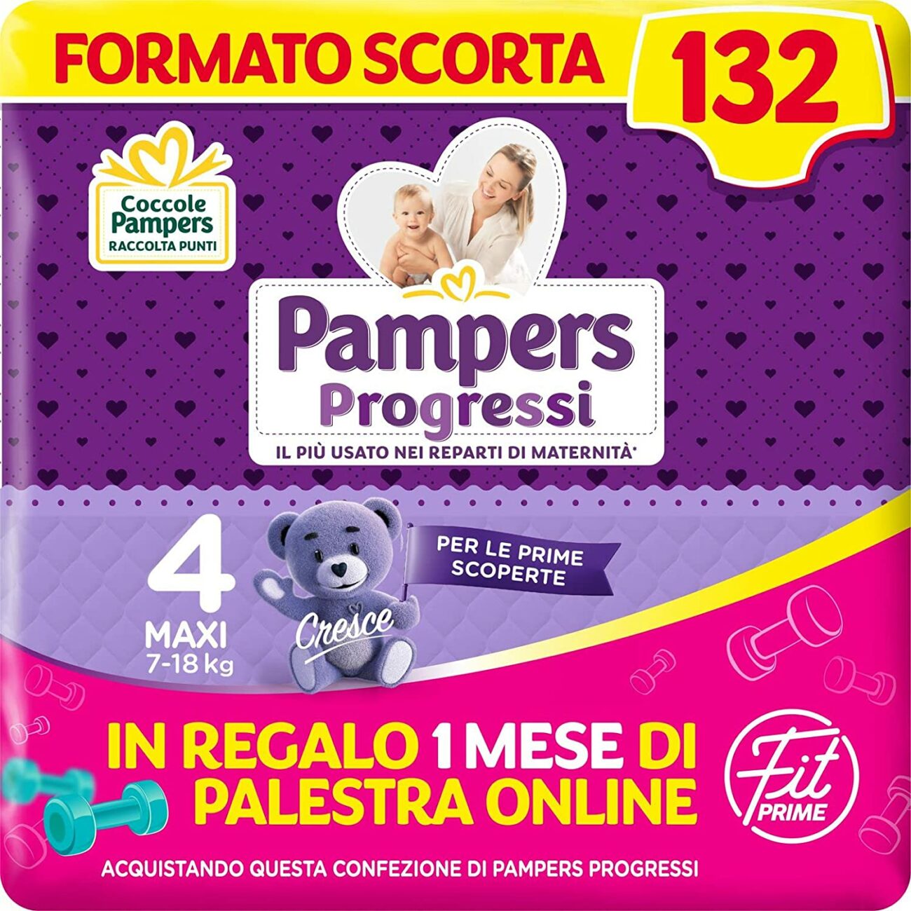 Pampers Progressi & Fit Prime Maxi, Formato Scorta, 132 Pannolini, Taglia  4, 7-18 Kg, 1 mese di palestra online in omaggio - Kebusiness