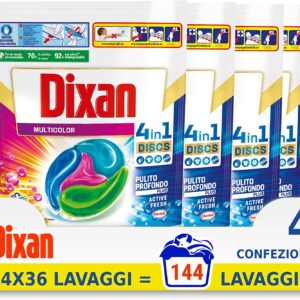 Dixan Discs Multicolor Detersivo Lavatrice Predosato in Capsule per Capi Colorati 4 in 1 - 4 x 36 Lavaggi (144 lavaggi)
