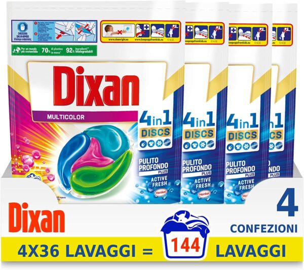 Dixan Discs Multicolor Detersivo Lavatrice Predosato in Capsule per Capi Colorati 4 in 1 - 4 x 36 Lavaggi (144 lavaggi)