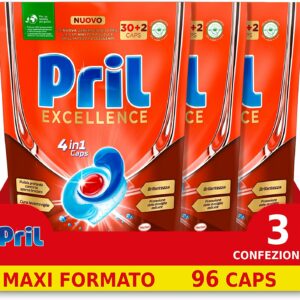 Pril Excellence 4in1 Caps formato da 32x3 (96 capsule), Detersivo Lavastoviglie