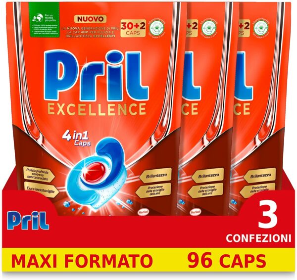 Pril Excellence 4in1 Caps formato da 32x3 (96 capsule), Detersivo Lavastoviglie