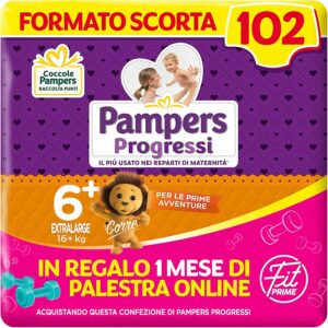 Pampers Progressi & Fit Prime Extralarge, Formato Scorta, 102 Pannolini, Taglia 6+ (16+ Kg), 1 mese di palestra online in omaggio