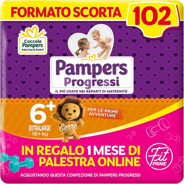 Pampers Progressi & Fit Prime Extralarge, Formato Scorta, 102 Pannolini, Taglia 6+ (16+ Kg), 1 mese di palestra online in omaggio