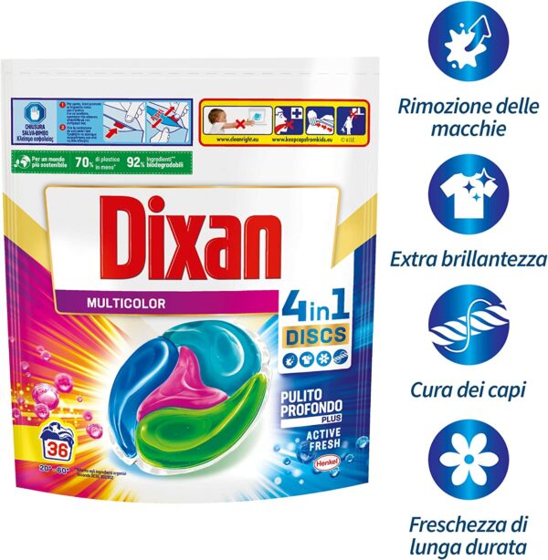 Dixan Discs Multicolor Detersivo Lavatrice Predosato in Capsule per Capi Colorati 4 in 1 - 4 x 36 Lavaggi (144 lavaggi) - immagine 3